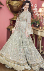 Pakistani Pistachio Grey Embroidered Net Silk Anarkali (2-Piece) - Image 2