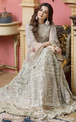 Pakistani Pistachio Grey Embroidered Net Silk Anarkali (2-Piece) - Image 5