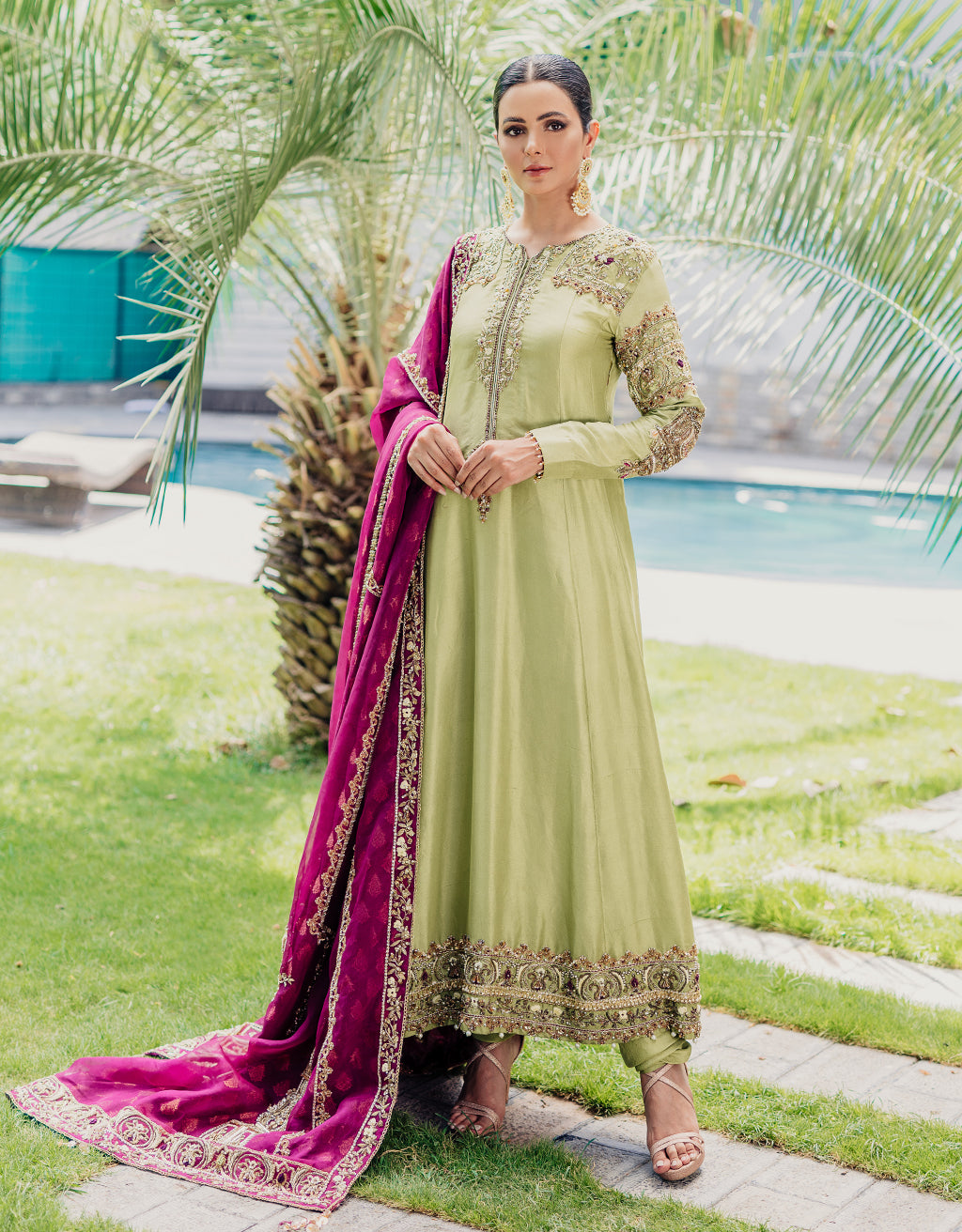 Pakistani Pistachio Green Hand-Embroidered Silk-Blend Anarkali (3-Piece) - Image 1