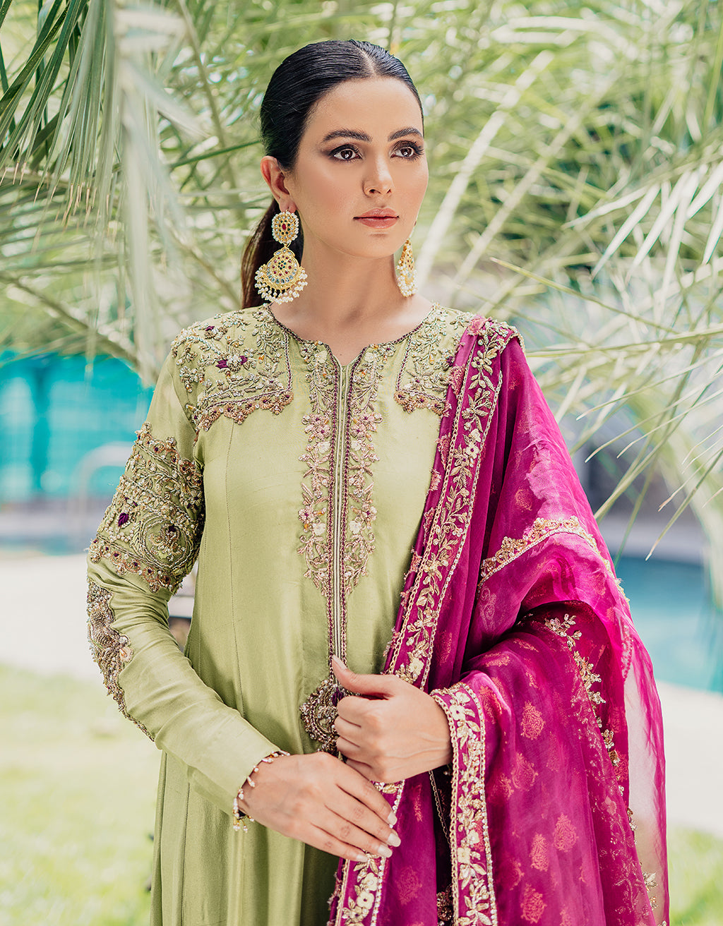 Pakistani Pistachio Green Hand-Embroidered Silk-Blend Anarkali (3-Piece) - Image 2