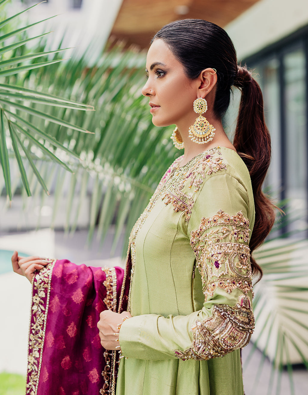 Pakistani Pistachio Green Hand-Embroidered Silk-Blend Anarkali (3-Piece) - Image 4