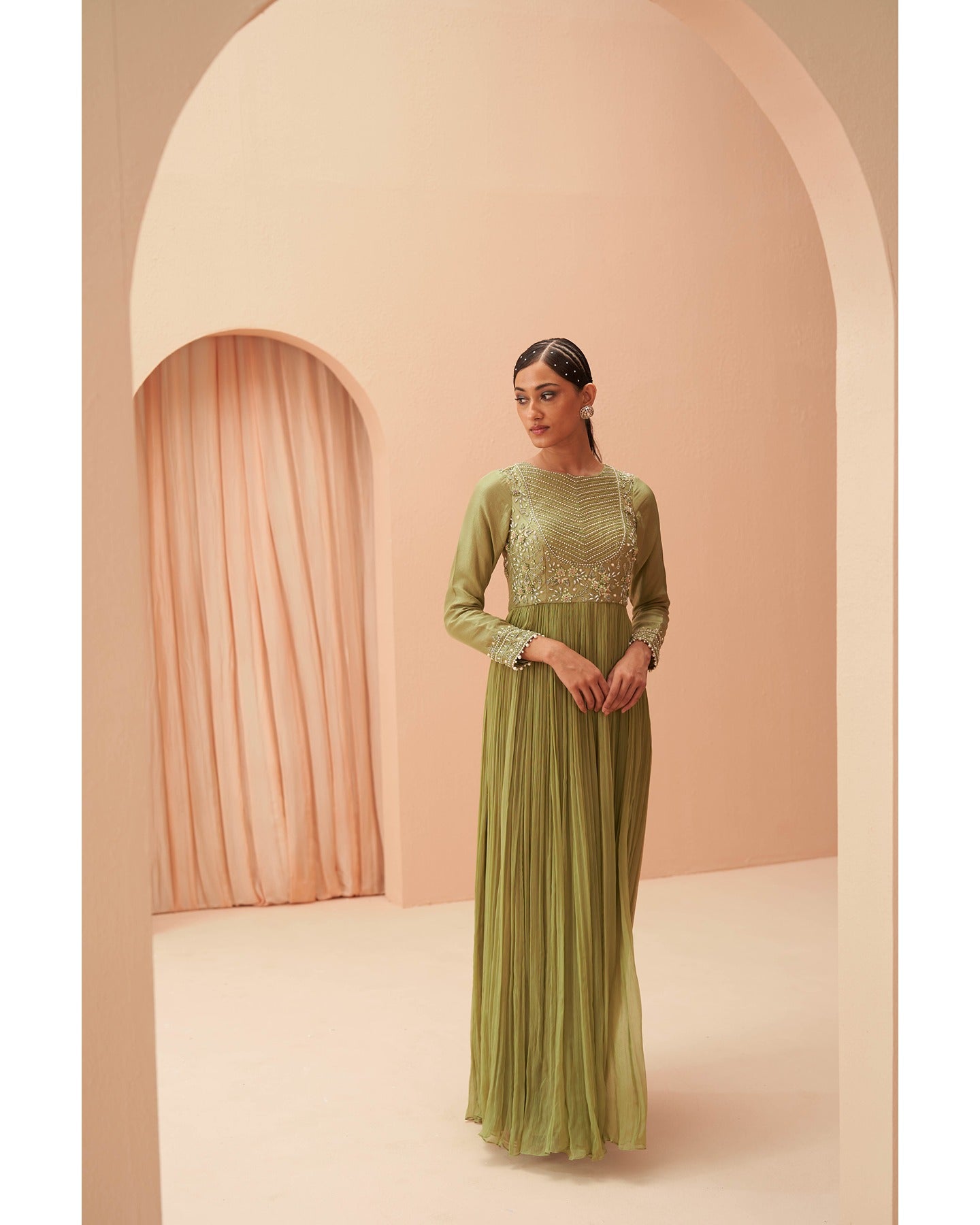Indian Jade Green Hand-Embroidered Silk Chiffon Anarkali (3-Piece) - Image 1