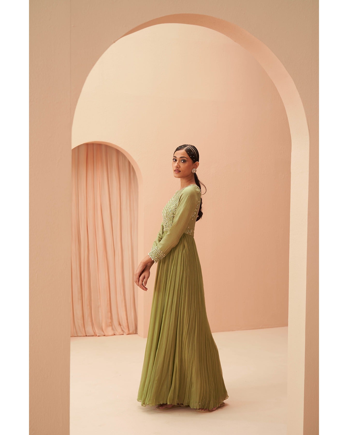 Indian Jade Green Hand-Embroidered Silk Chiffon Anarkali (3-Piece) - Image 2