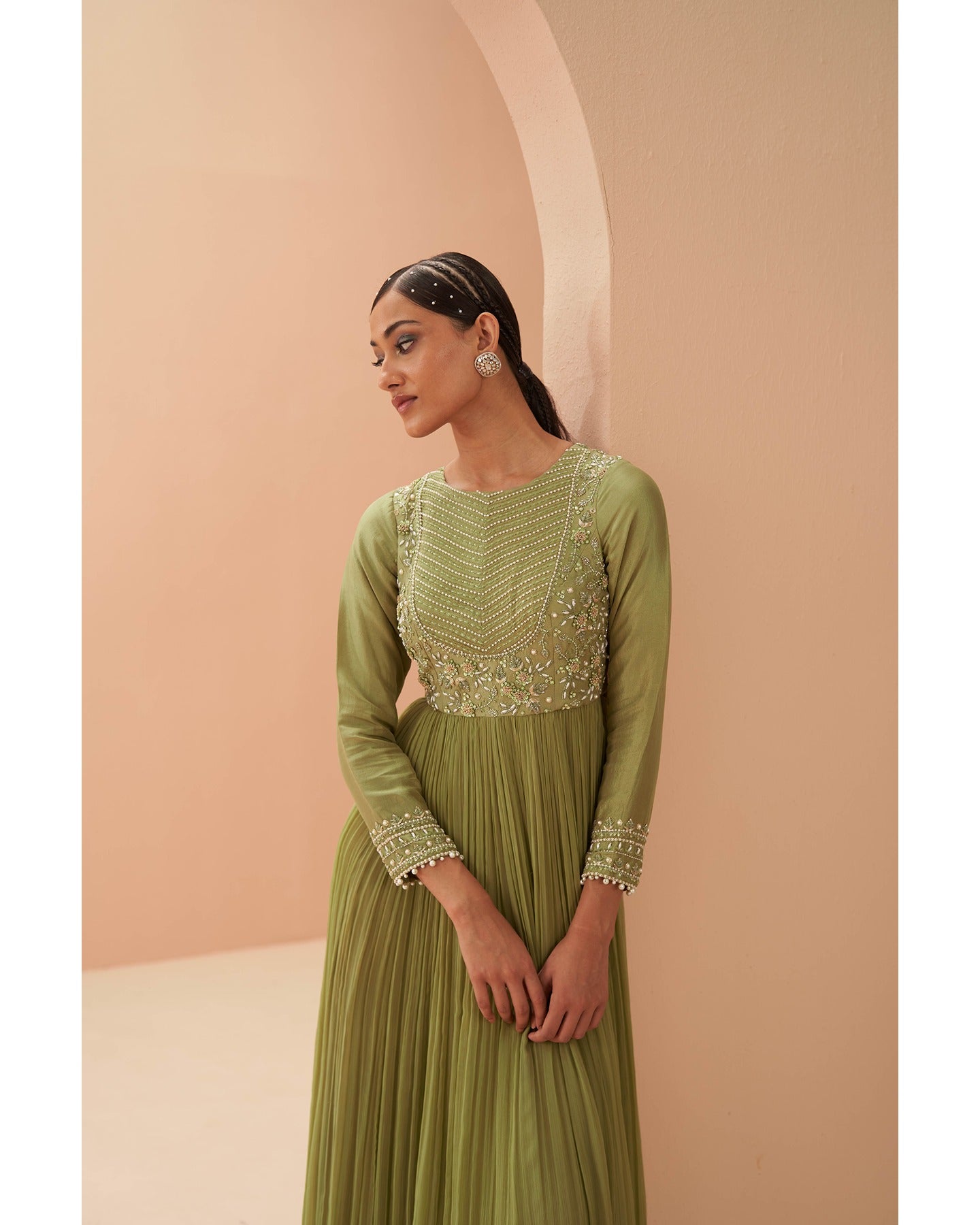 Indian Jade Green Hand-Embroidered Silk Chiffon Anarkali (3-Piece) - Image 3