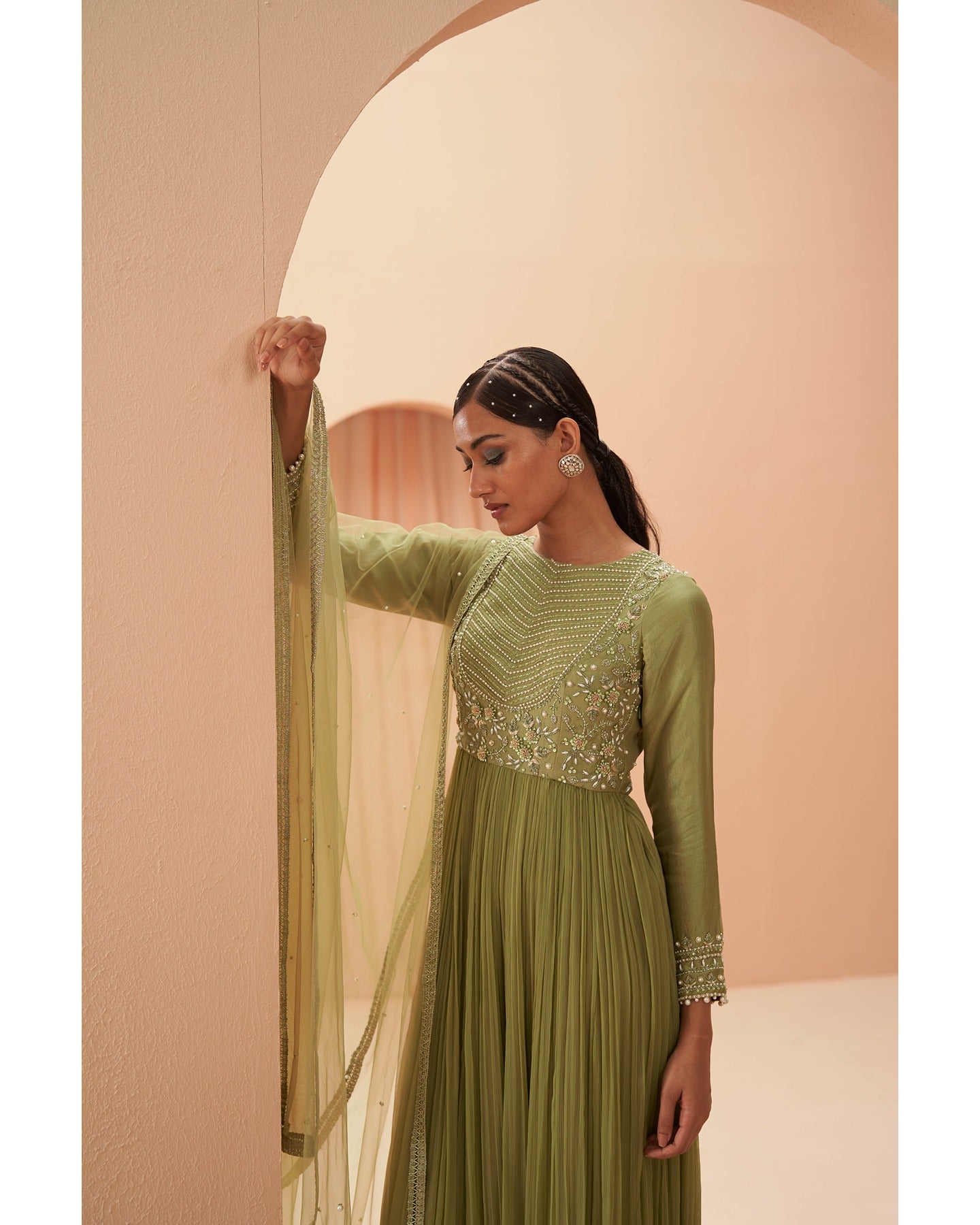 Indian Jade Green Hand-Embroidered Silk Chiffon Anarkali (3-Piece) - Image 4