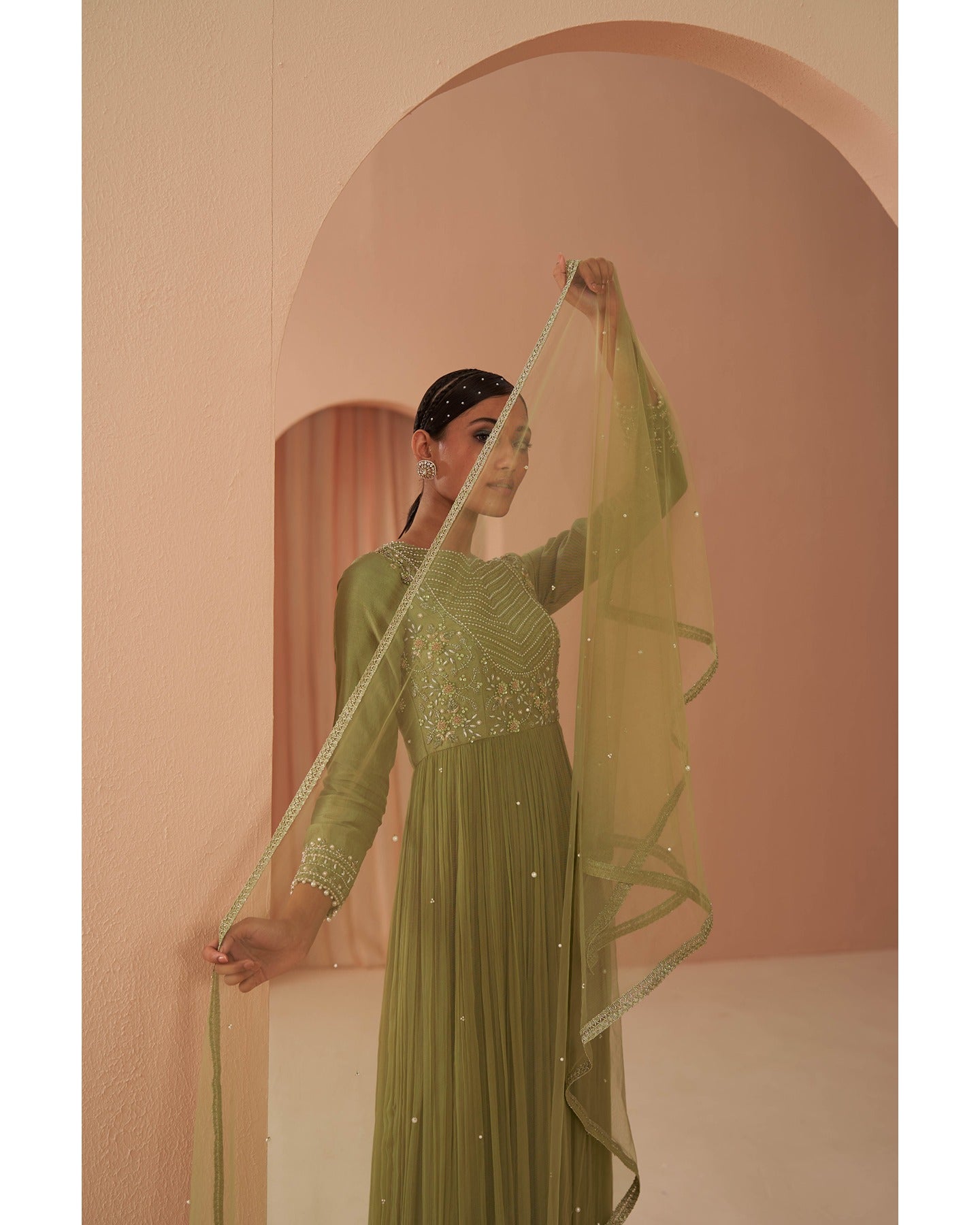 Indian Jade Green Hand-Embroidered Silk Chiffon Anarkali (3-Piece) - Image 5