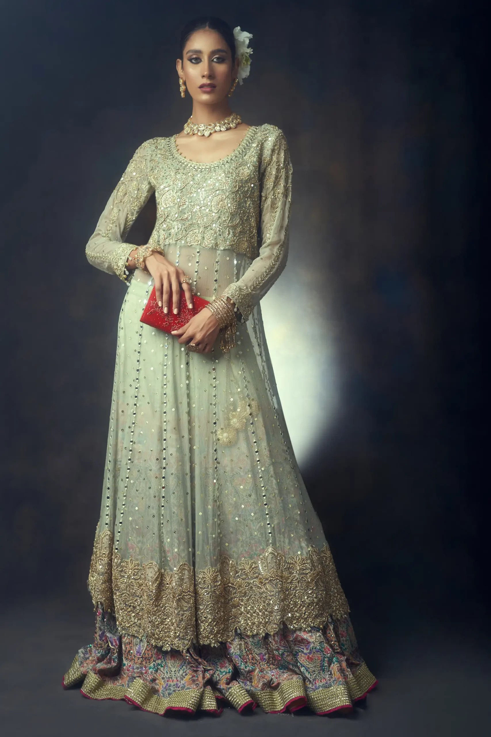 Tea-Green Dabka & Mirror Worked Silk Anarkali (2-Piece) - Image 1