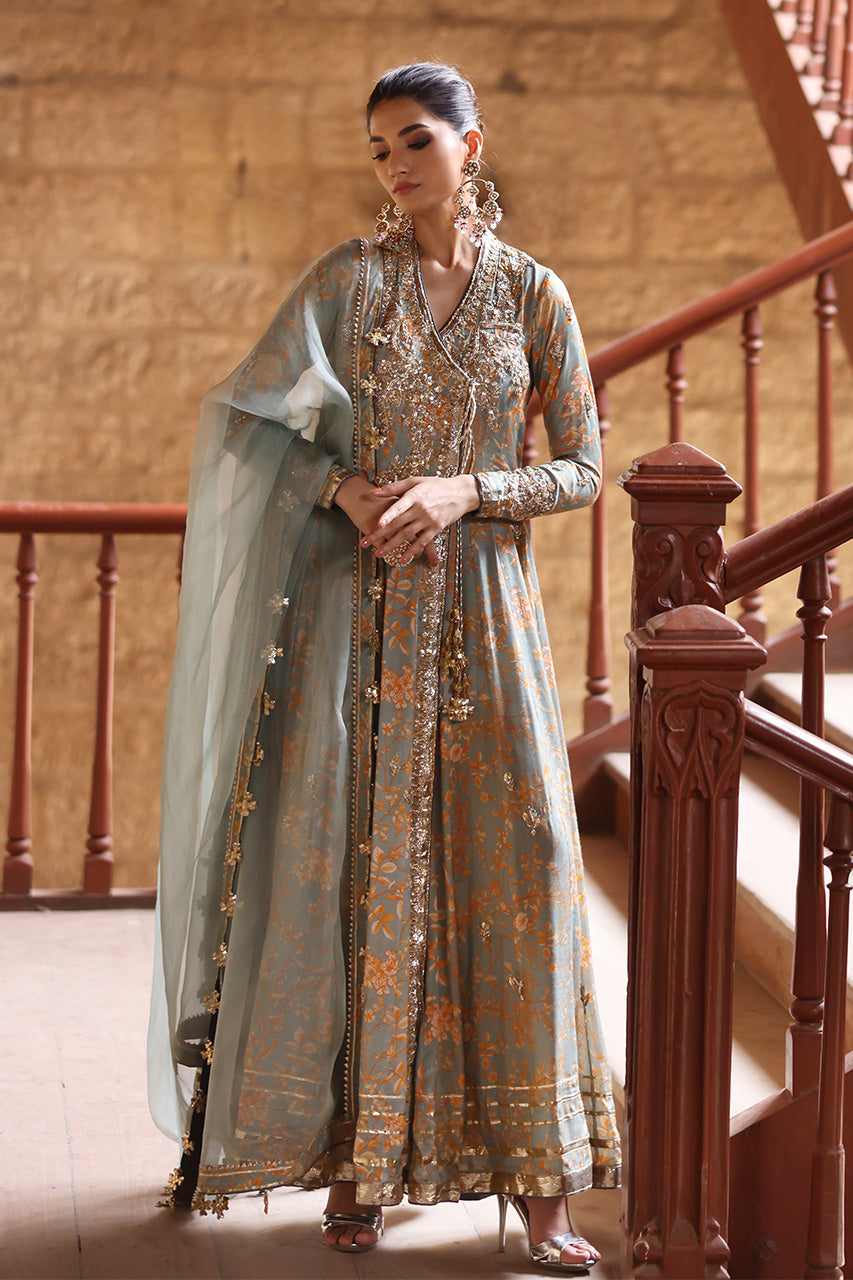 Pakistani Sage Zardozi Khaddi Silk Angarkha (3-Piece) - Image 1