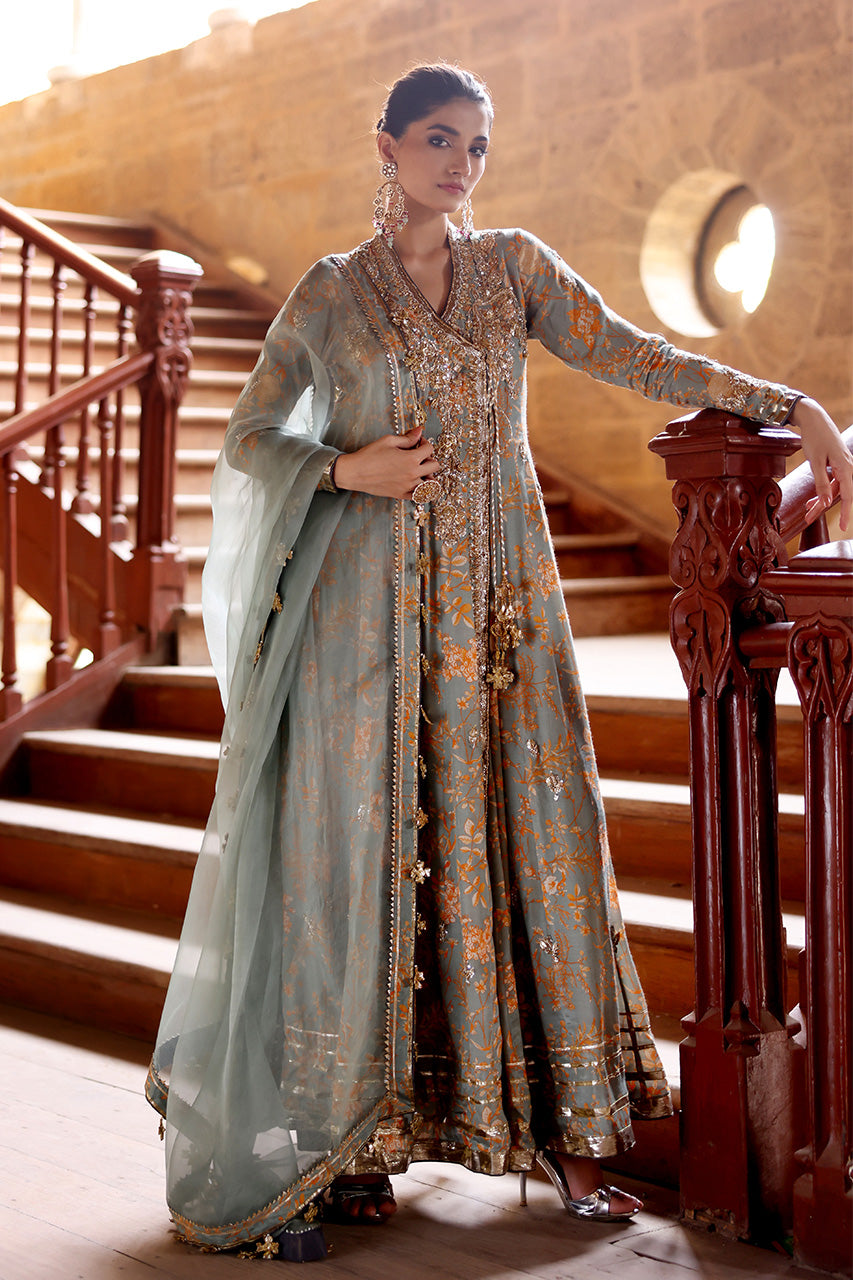 Pakistani Sage Zardozi Khaddi Silk Angarkha (3-Piece) - Image 2