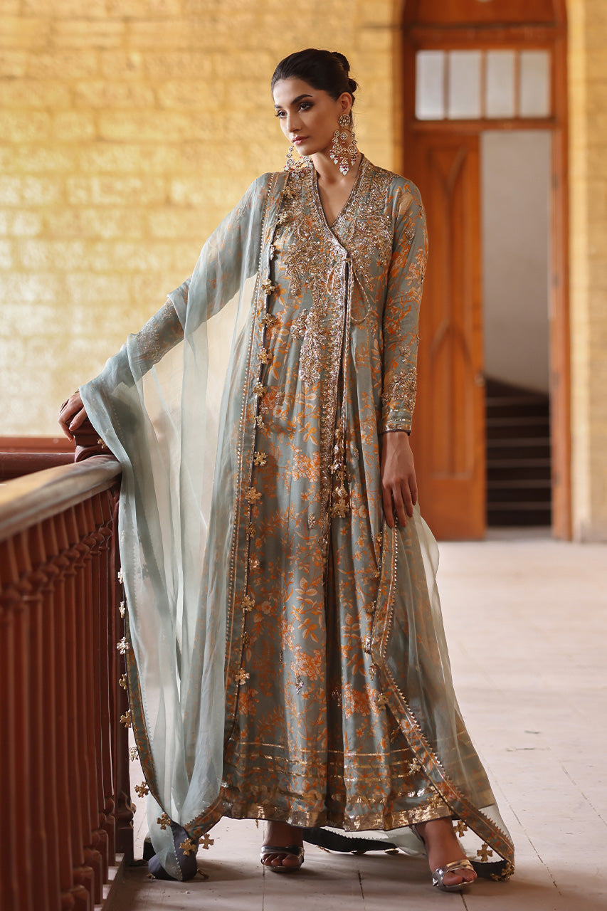 Pakistani Sage Zardozi Khaddi Silk Angarkha (3-Piece) - Image 3
