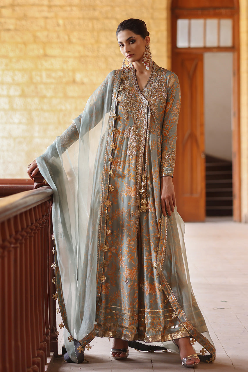 Pakistani Sage Zardozi Khaddi Silk Angarkha (3-Piece) - Image 4