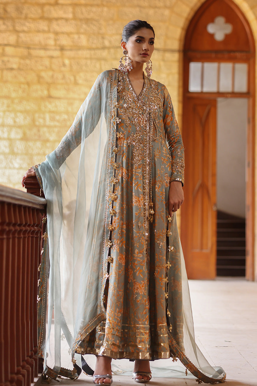 Pakistani Sage Zardozi Khaddi Silk Angarkha (3-Piece) - Image 5