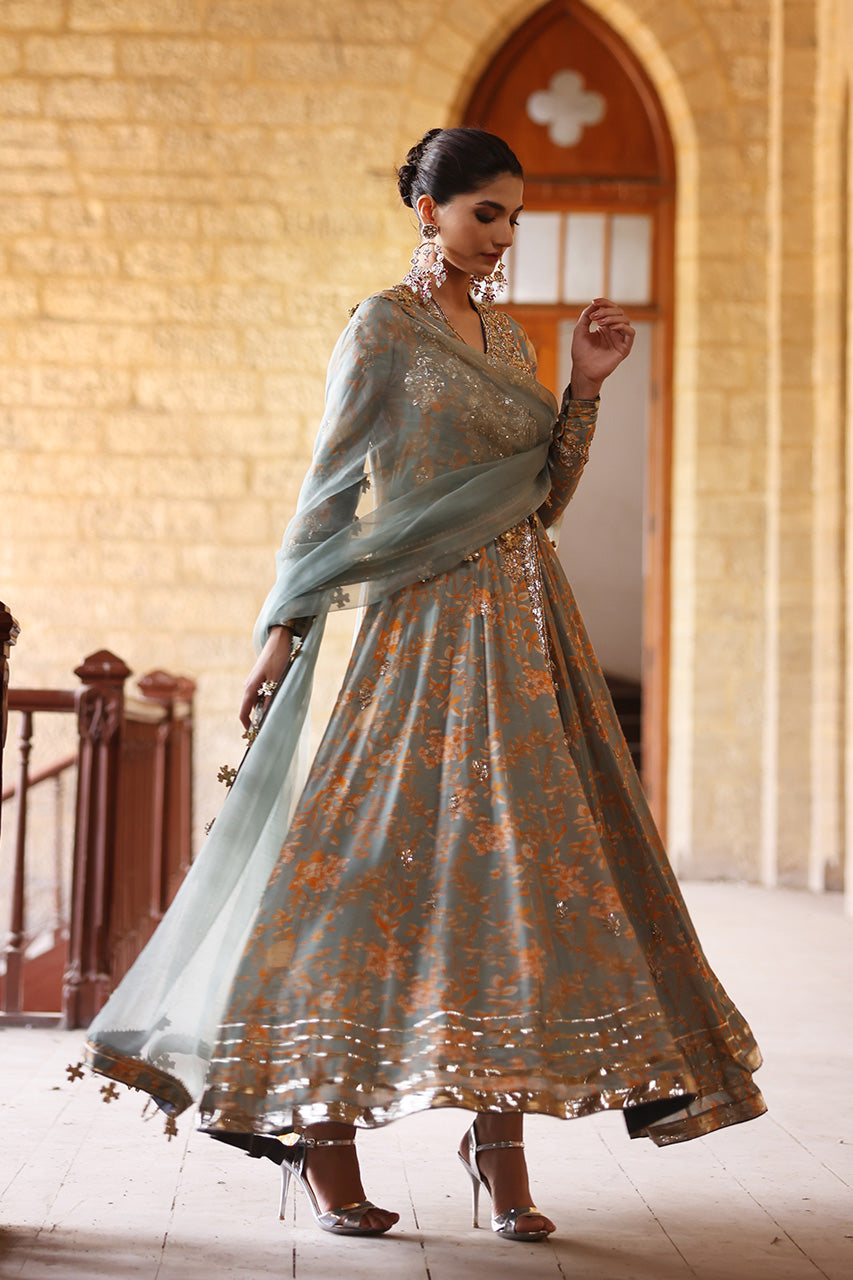 Pakistani Sage Zardozi Khaddi Silk Angarkha (3-Piece) - Image 6