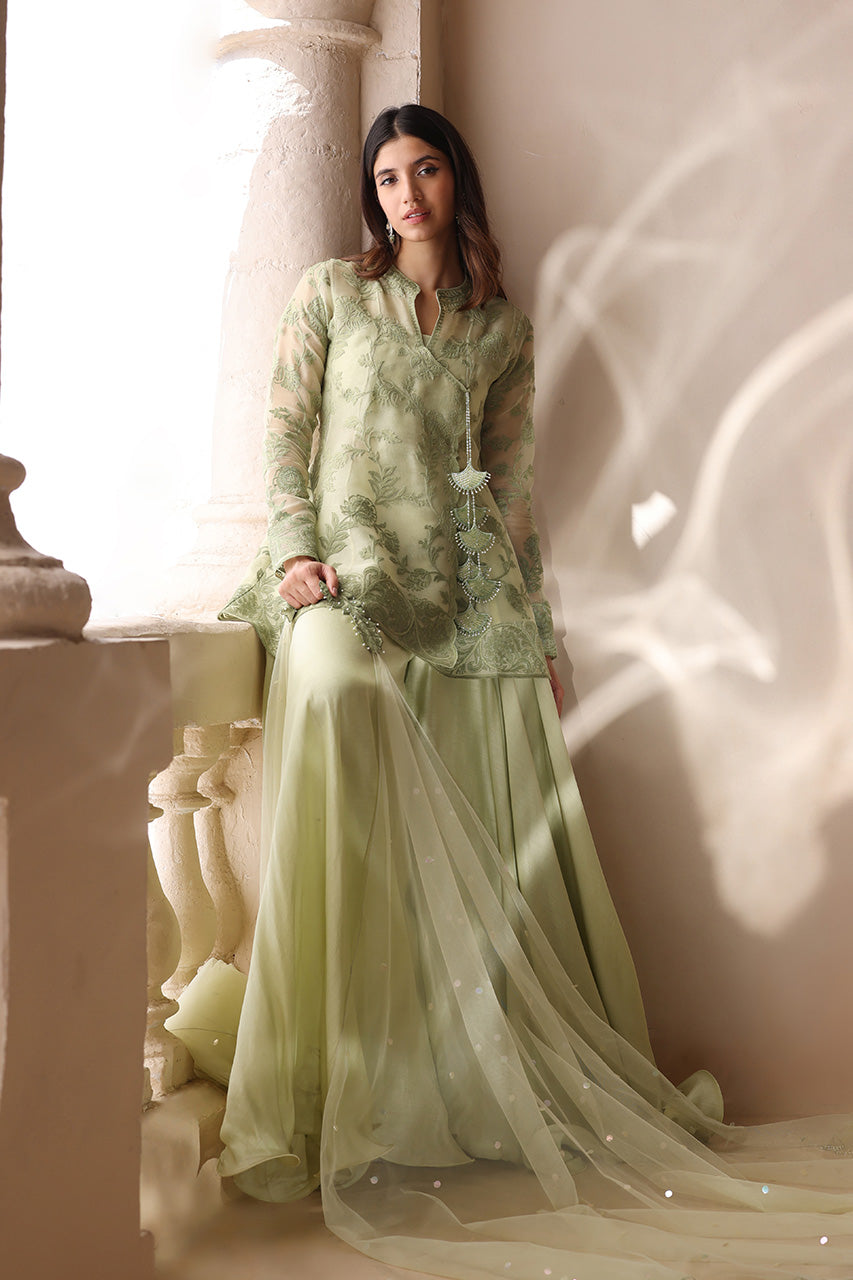 Pakistani Sage Green Aari Embroidered Organza Angrakha (3-Piece) - Image 2