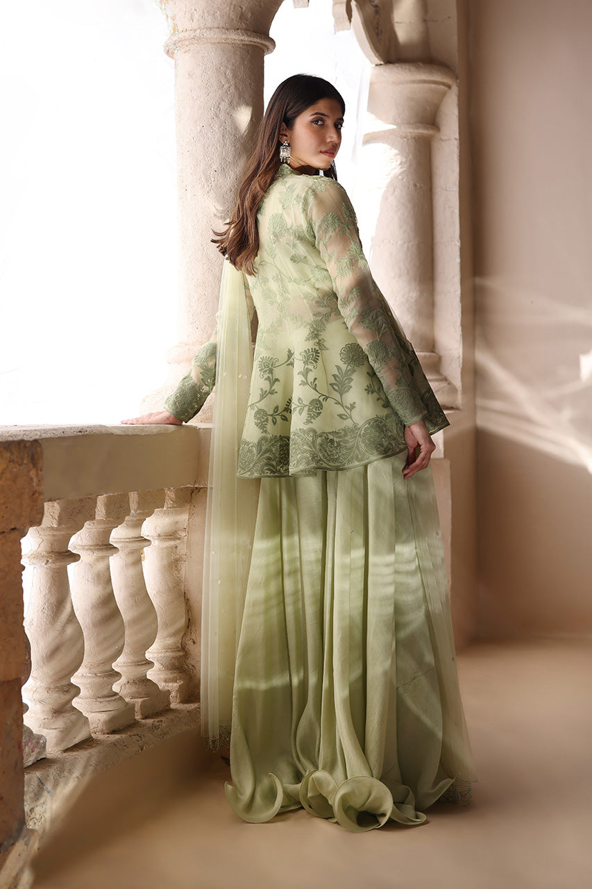 Pakistani Sage Green Aari Embroidered Organza Angrakha (3-Piece) - Image 3