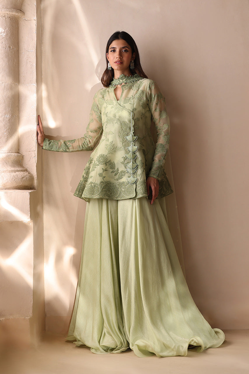 Pakistani Sage Green Aari Embroidered Organza Angrakha (3-Piece) - Image 6