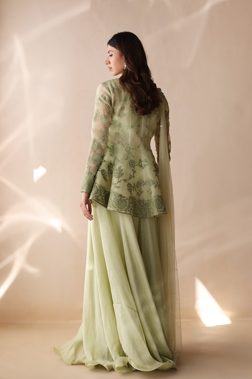 Pakistani Sage Green Aari Embroidered Organza Angrakha (3-Piece) - Image 7