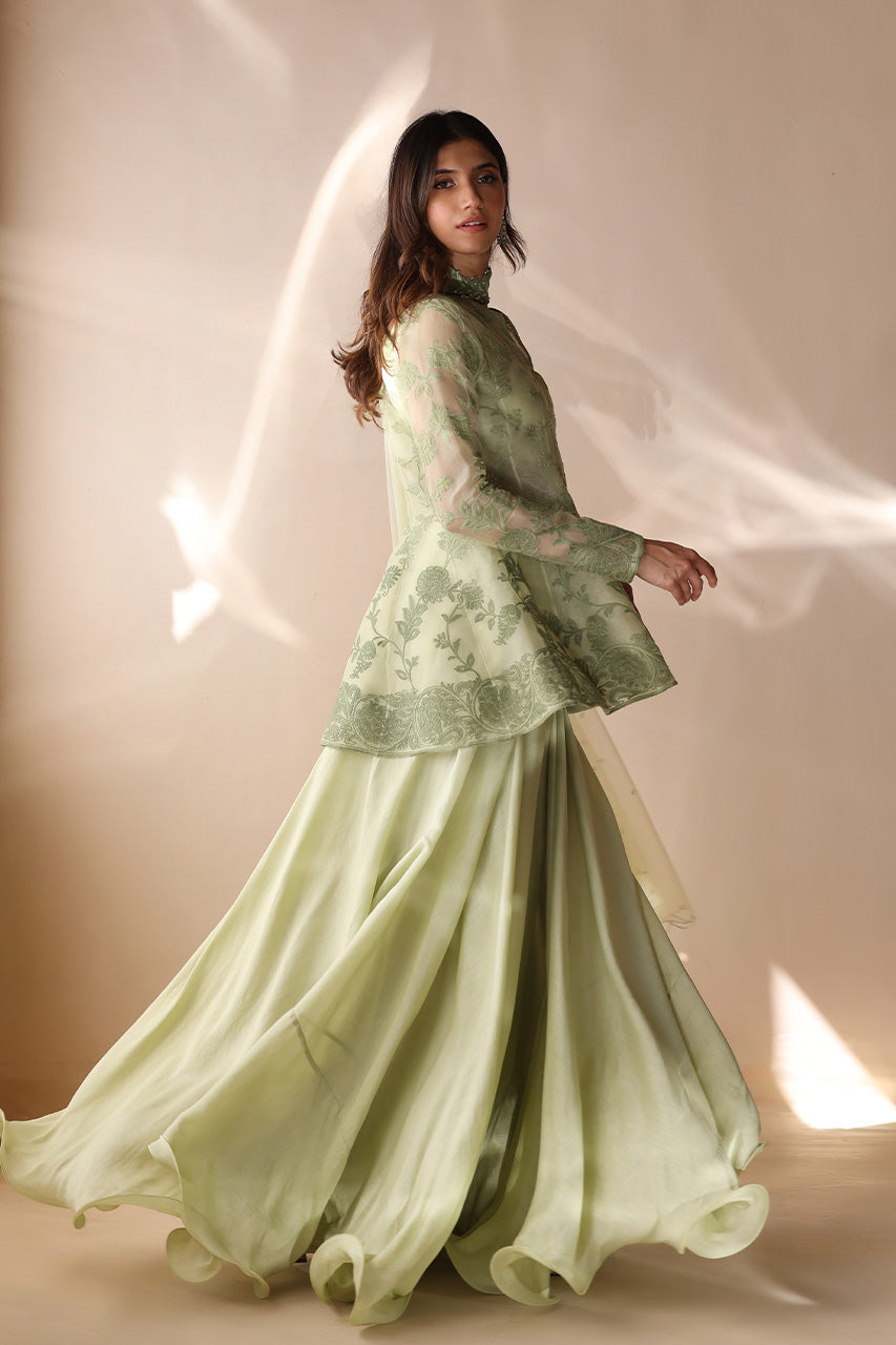 Pakistani Sage Green Aari Embroidered Organza Angrakha (3-Piece) - Image 8