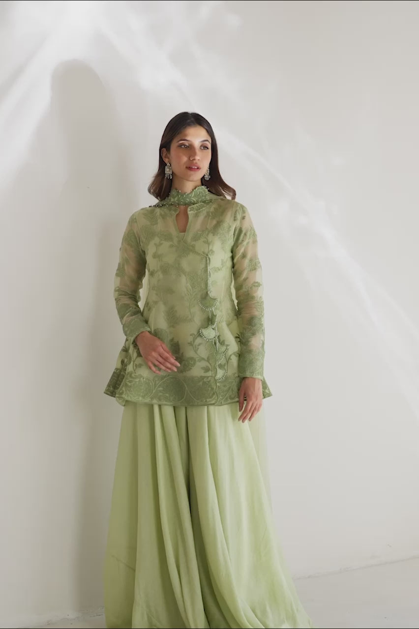 Pakistani Sage Green Aari Embroidered Organza Angrakha (3-Piece) - Image 9