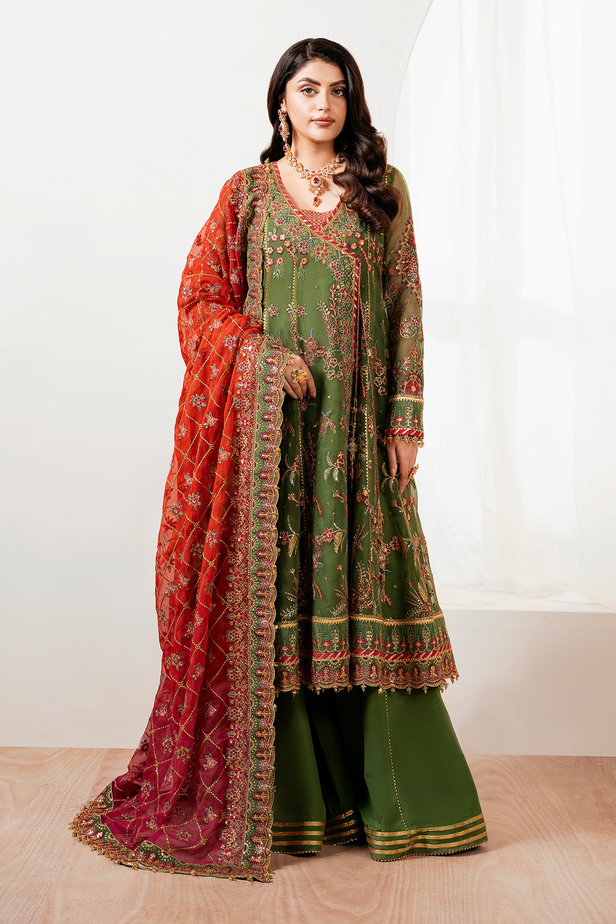 Olive Green Embroidered Chiffon Angrakha (3-Piece) - Image 1