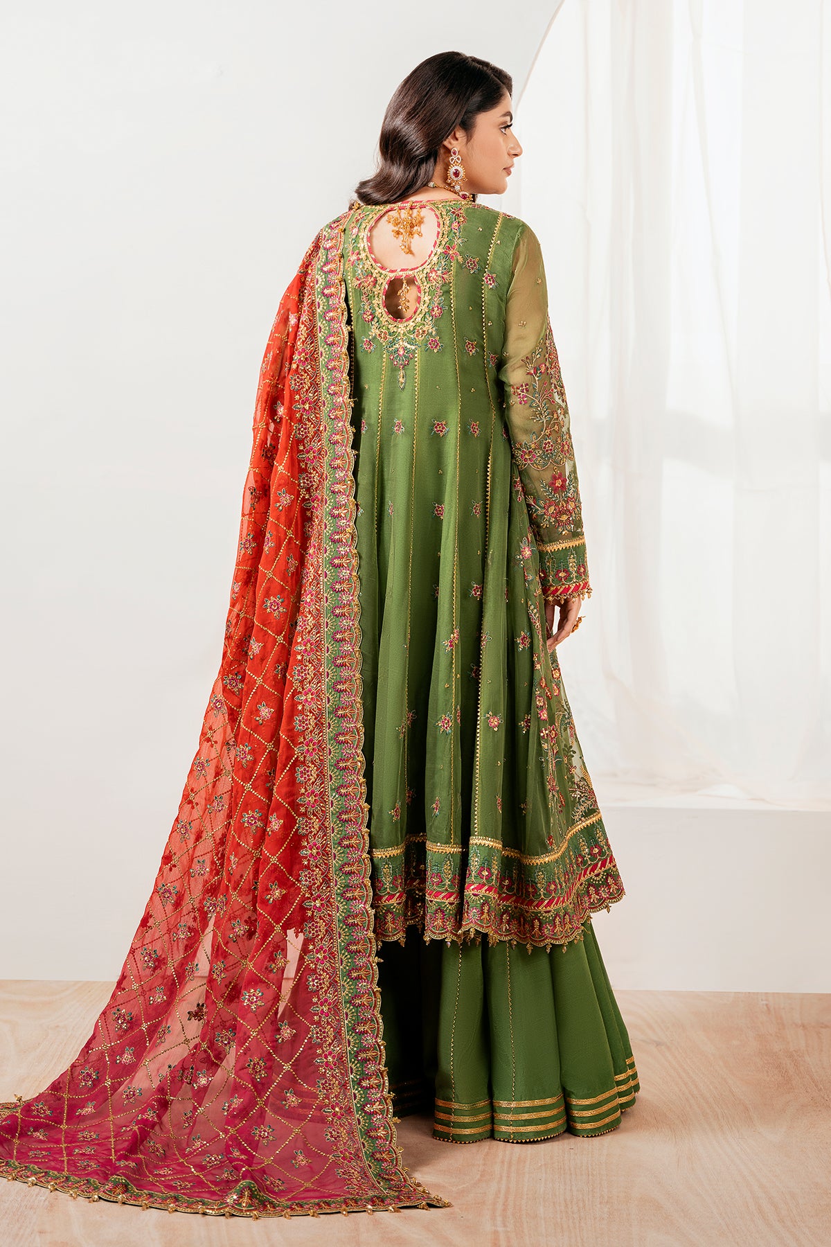 Olive Green Embroidered Chiffon Angrakha (3-Piece) - Image 2