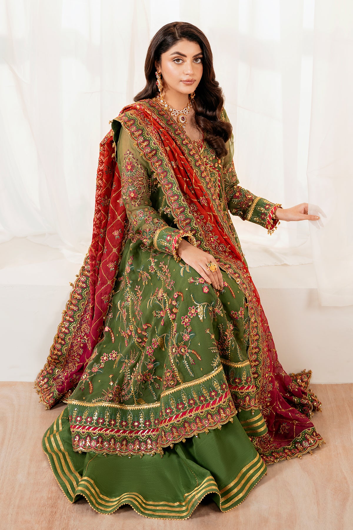 Olive Green Embroidered Chiffon Angrakha (3-Piece) - Image 3