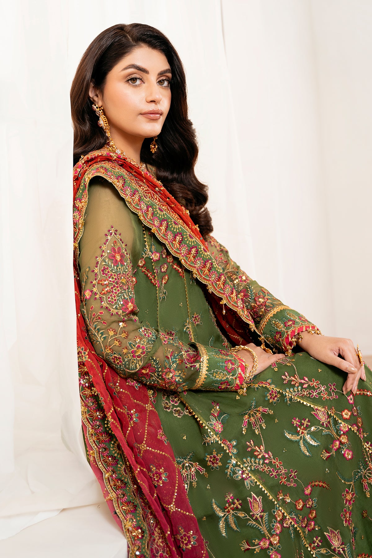 Olive Green Embroidered Chiffon Angrakha (3-Piece) - Image 4