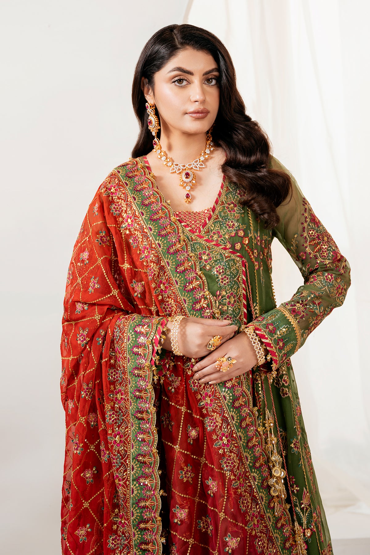 Olive Green Embroidered Chiffon Angrakha (3-Piece) - Image 5