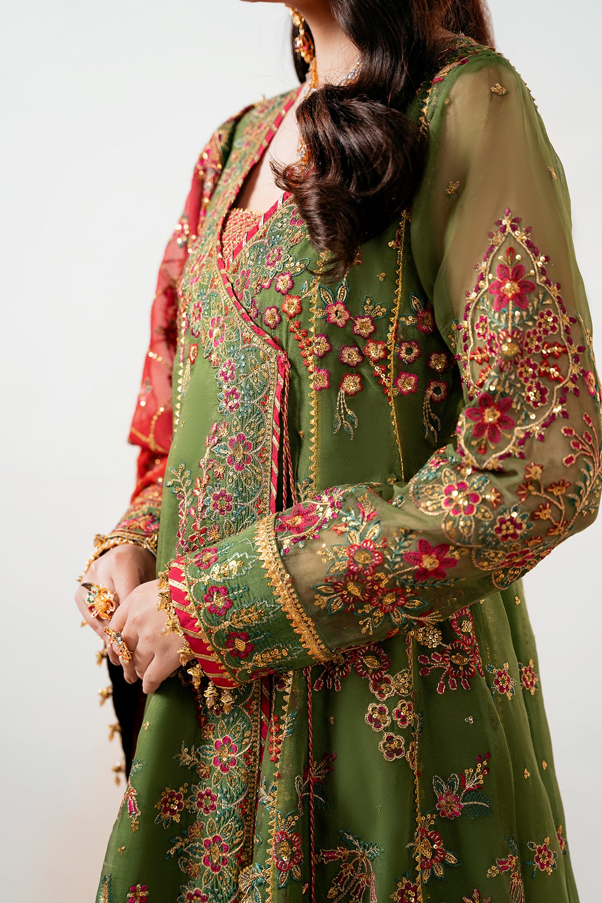 Olive Green Embroidered Chiffon Angrakha (3-Piece) - Image 6
