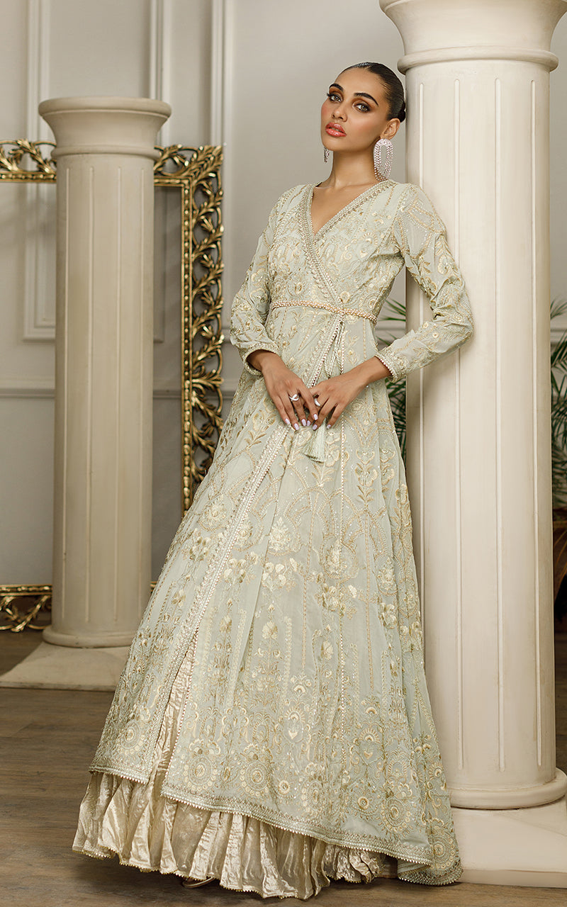 Pakistani Sage Green Embroidered Chiffon Angrakha Dress (2-Piece) - Image 1
