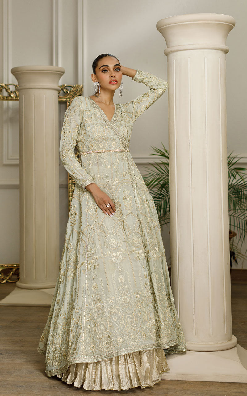 Pakistani Sage Green Embroidered Chiffon Angrakha Dress (2-Piece) - Image 2