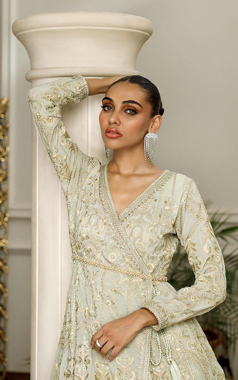 Pakistani Sage Green Embroidered Chiffon Angrakha Dress (2-Piece) - Image 3