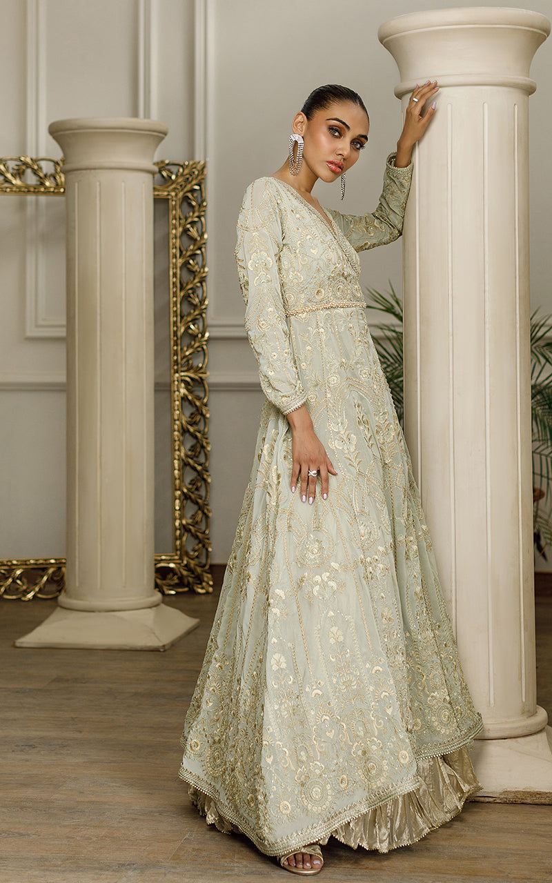 Pakistani Sage Green Embroidered Chiffon Angrakha Dress (2-Piece) - Image 5