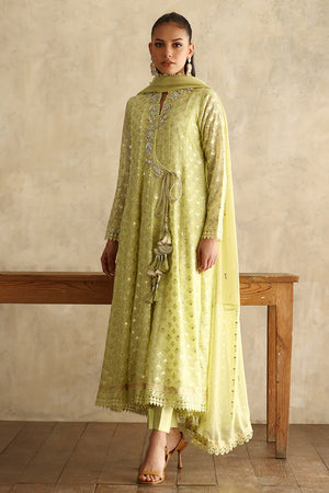 Lime Green Embroidered Chiffon Angharka (3-Piece) - Image 1