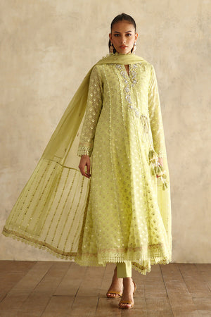 Lime Green Embroidered Chiffon Angharka (3-Piece) - Image 2