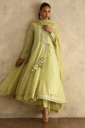 Lime Green Embroidered Chiffon Angharka (3-Piece) - Image 3