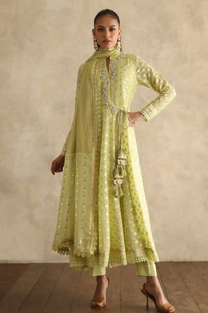Lime Green Embroidered Chiffon Angharka (3-Piece) - Image 4