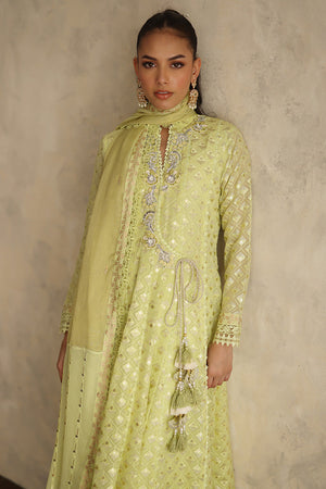Lime Green Embroidered Chiffon Angharka (3-Piece) - Image 5