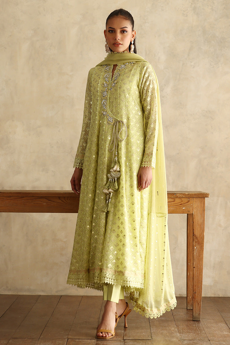 Lime Green Embroidered Chiffon Angharka (3-Piece) - Image 2