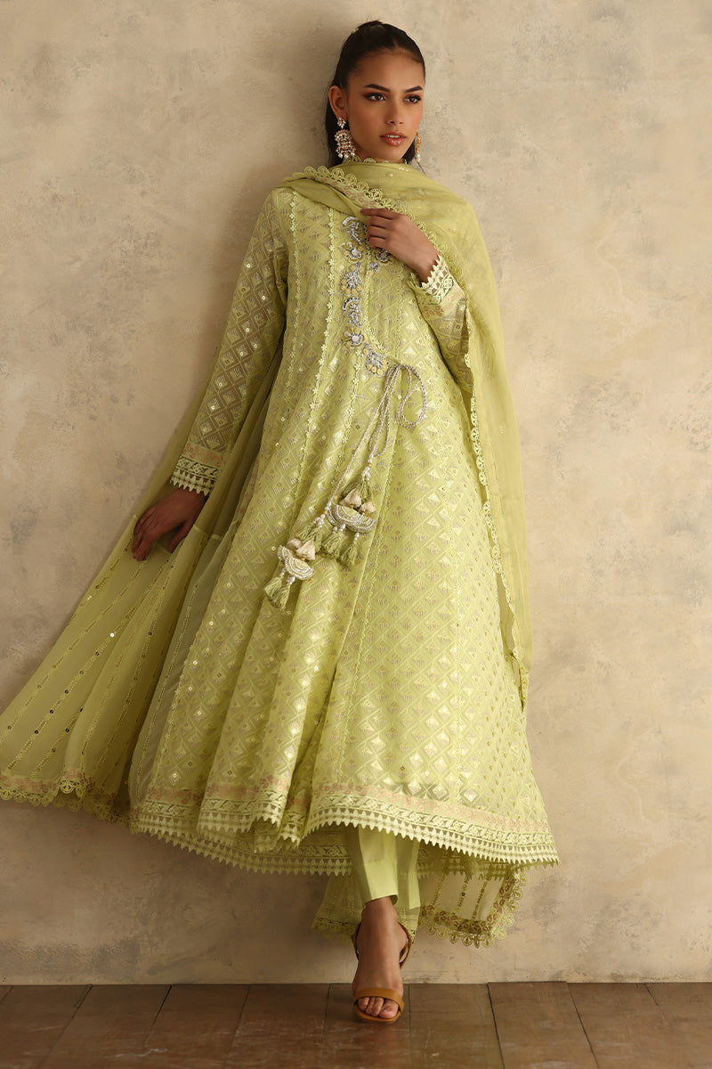 Lime Green Embroidered Chiffon Angharka (3-Piece) - Image 4