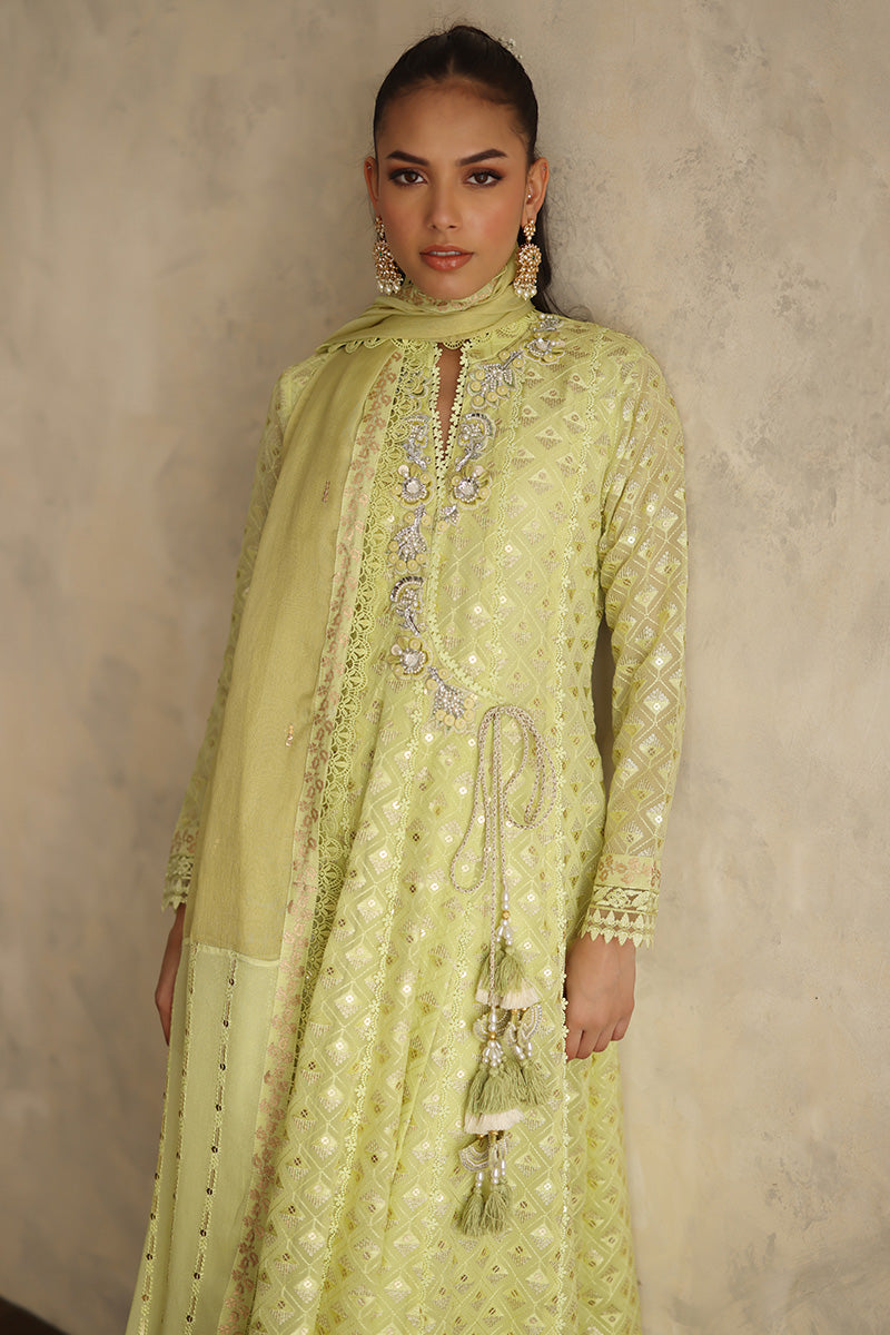 Lime Green Embroidered Chiffon Angharka (3-Piece) - Image 6