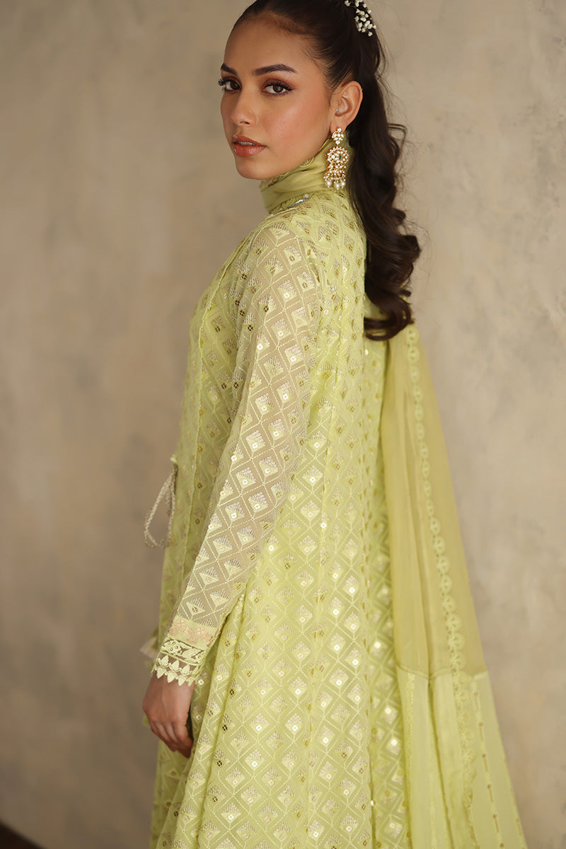 Lime Green Embroidered Chiffon Angharka (3-Piece) - Image 7