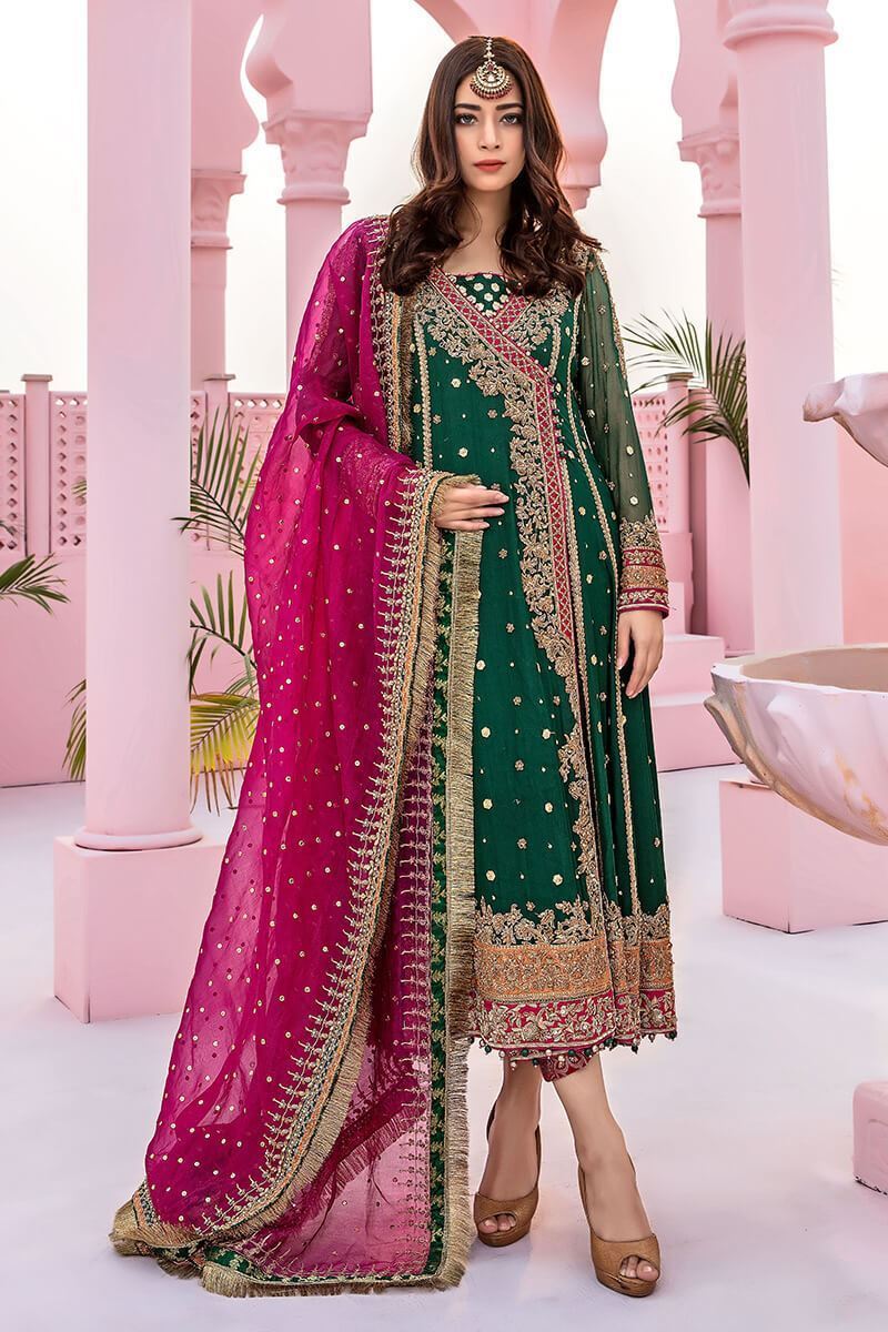 Bottle Green Zardozi Chiffon Angrakha (3-Piece) - Image 1