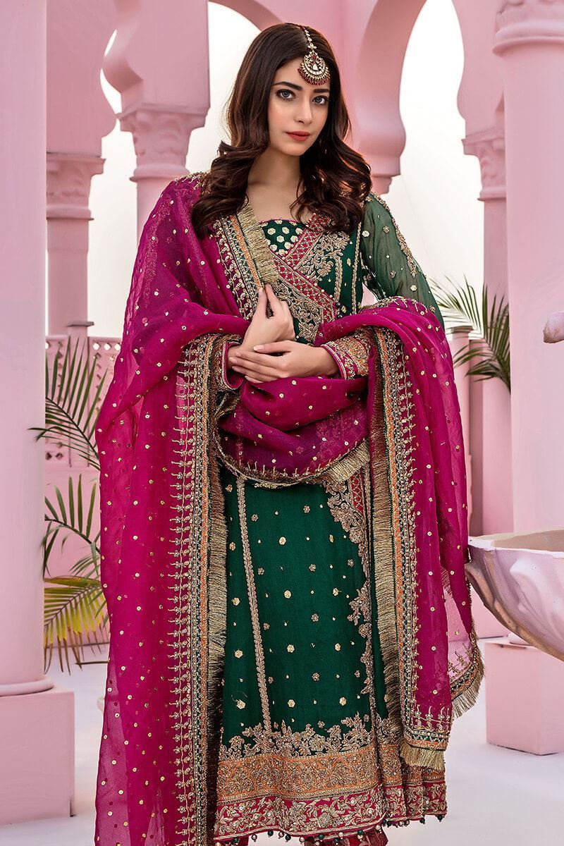 Bottle Green Zardozi Chiffon Angrakha (3-Piece) - Image 2