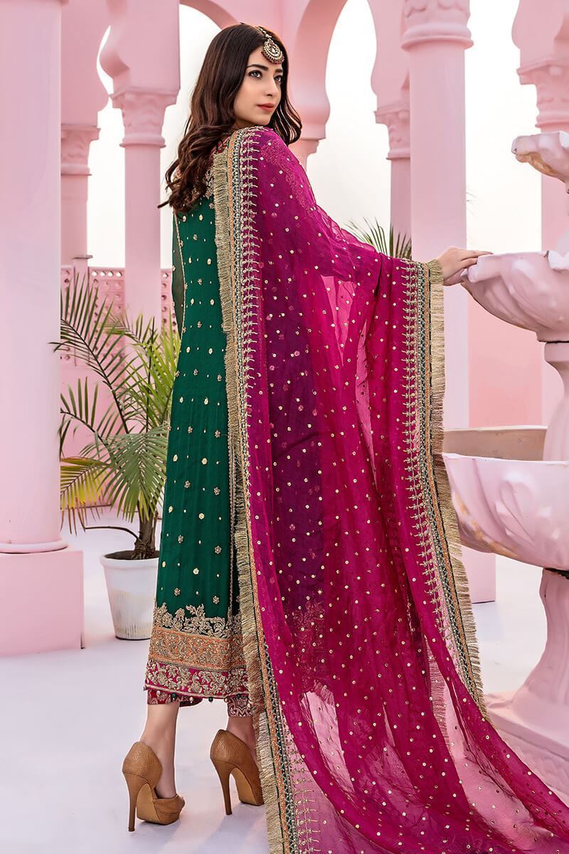 Bottle Green Zardozi Chiffon Angrakha (3-Piece) - Image 3