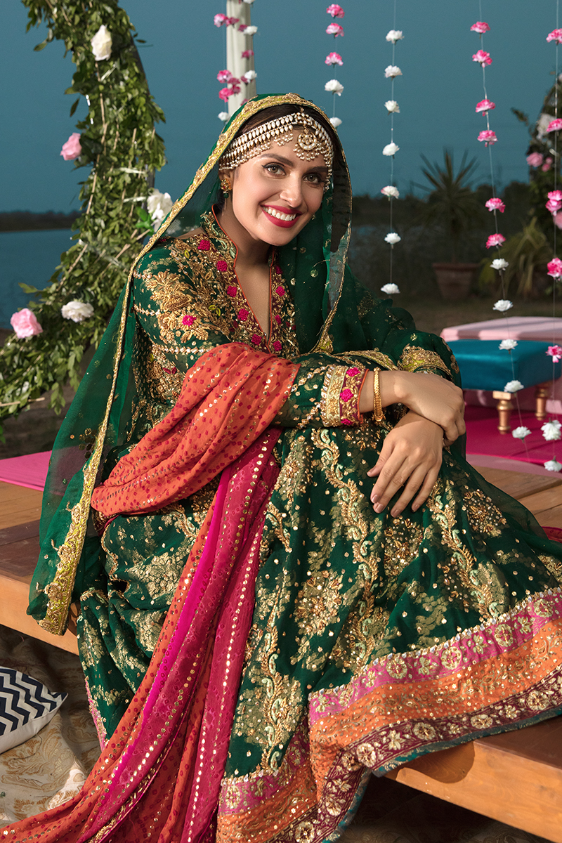 Beetle Green Embroidered Cotton Net Angarkha Kalidar (3-Piece) - Image 2