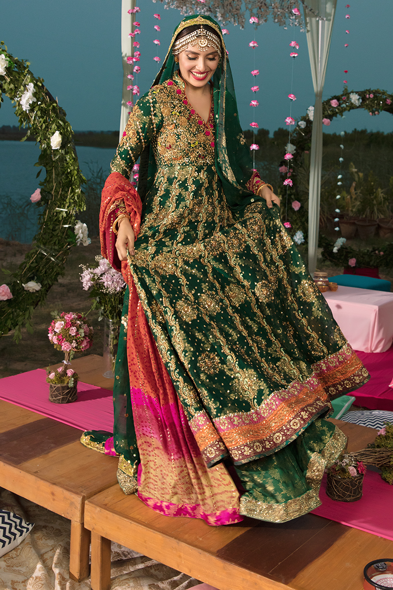 Beetle Green Embroidered Cotton Net Angarkha Kalidar (3-Piece) - Image 3