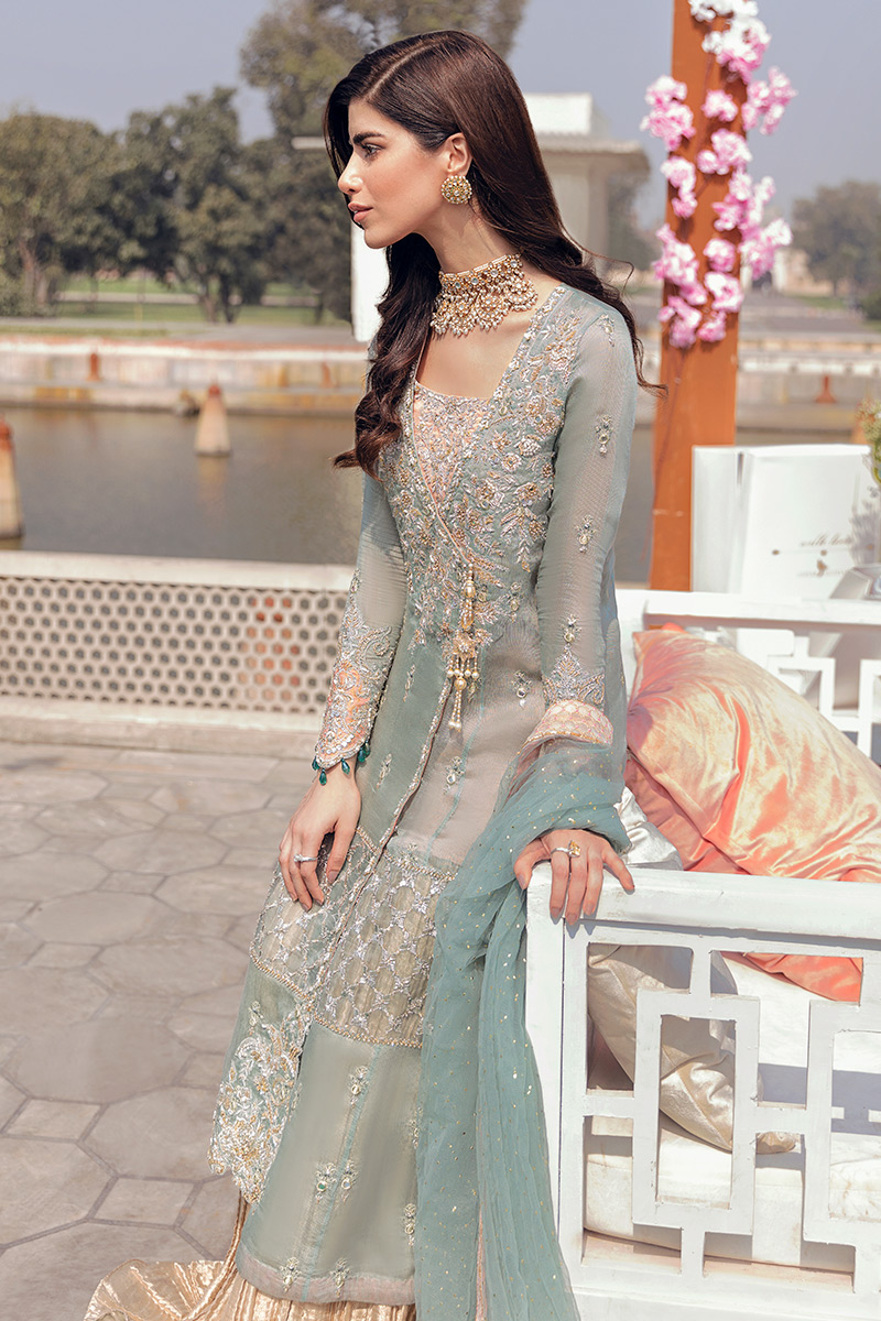 Seafoam Embroidered Cotton Net Angrakha (3-Piece) - Image 3