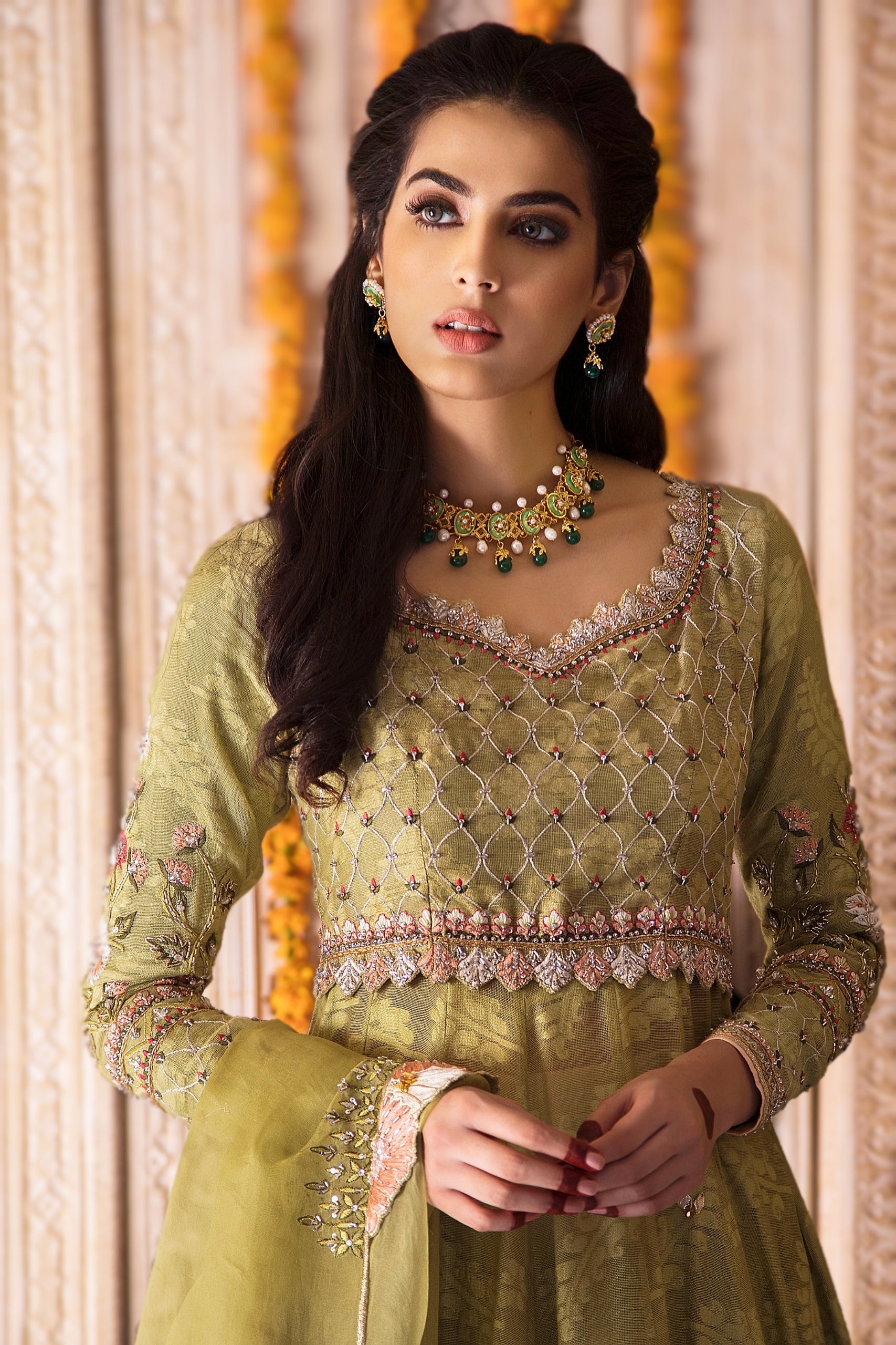 Pakistani Olive Green Embroidered Jacquard Angrakha Gown (2-Piece) - Image 2