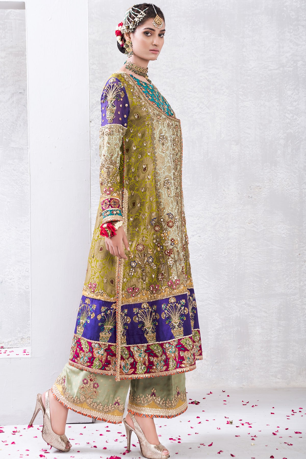 Pakistani Green Zardozi Jamawar Angrakha (2-Piece) - Image 1